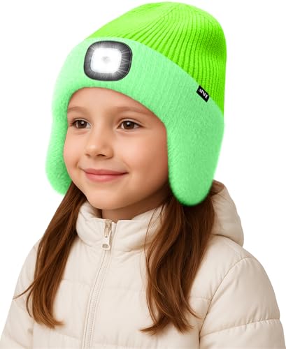 ATNKE Kinder LED Beleuchtete Ohrenklappen Mütze mit Licht,USB Wiederaufladbare 4 LED Laufmütze Stirnlampe Winter Warm Fleece Gefüttert Strick Mütze Geschenke für Jungen und Mädchen/Fluorescent Green von ATNKE