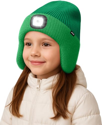 ATNKE Kinder LED Beleuchtete Ohrenklappen Mütze mit Licht,USB Wiederaufladbare 4 LED Laufmütze Stirnlampe Winter Warm Fleece Gefüttert Strick Mütze Geschenke für Jungen und Mädchen/Green von ATNKE