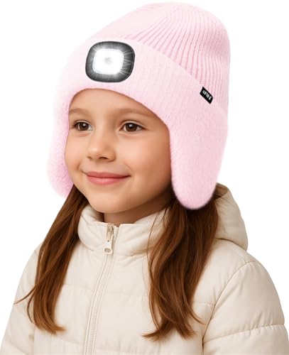 ATNKE Kinder LED Beleuchtete Ohrenklappen Mütze mit Licht,USB Wiederaufladbare 4 LED Laufmütze Stirnlampe Winter Warm Fleece Gefüttert Strick Mütze Geschenke für Jungen und Mädchen/Light Pink von ATNKE