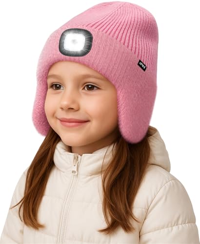 ATNKE Kinder LED Beleuchtete Ohrenklappen Mütze mit Licht,USB Wiederaufladbare 4 LED Laufmütze Stirnlampe Winter Warm Fleece Gefüttert Strick Mütze Geschenke für Jungen und Mädchen/Pink von ATNKE