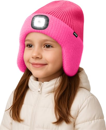 ATNKE Kinder LED Beleuchtete Ohrenklappen Mütze mit Licht,USB Wiederaufladbare 4 LED Laufmütze Stirnlampe Winter Warm Fleece Gefüttert Strick Mütze Geschenke für Jungen und Mädchen/Rose Red von ATNKE