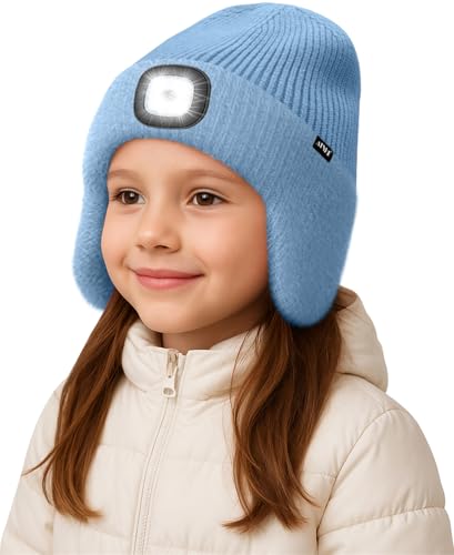 ATNKE Kinder LED Beleuchtete Ohrenklappen Mütze mit Licht,USB Wiederaufladbare 4 LED Laufmütze Stirnlampe Winter Warm Fleece Gefüttert Strick Mütze Geschenke für Jungen und Mädchen/Shadow Blue von ATNKE