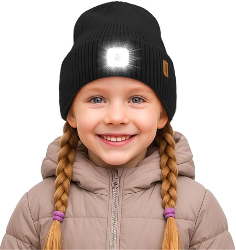 ATNKE Kinder LED Mütze mit Licht, USB Wiederaufladbare 4 LED Beleuchtete Laufmütze Freihändig Stirnlampe Winter Warm Fleece Gefüttert Strick Mütze Geschenke für Jungen und Mädchen/Black von ATNKE
