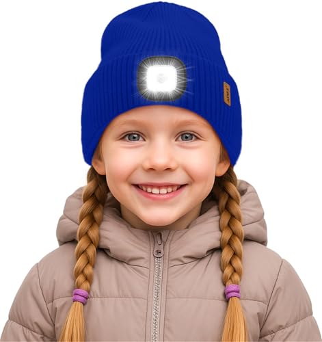 ATNKE Kinder LED Mütze mit Licht, USB Wiederaufladbare 4 LED Beleuchtete Laufmütze Freihändig Stirnlampe Winter Warm Fleece Gefüttert Strick Mütze Geschenke für Jungen und Mädchen/Blue von ATNKE
