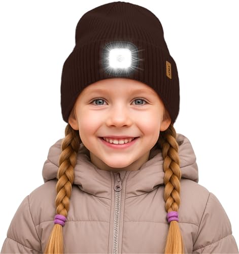 ATNKE Kinder LED Mütze mit Licht, USB Wiederaufladbare 4 LED Beleuchtete Laufmütze Freihändig Stirnlampe Winter Warm Fleece Gefüttert Strick Mütze Geschenke für Jungen und Mädchen/Coffee von ATNKE