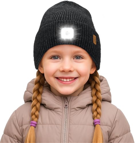 ATNKE Kinder LED Mütze mit Licht, USB Wiederaufladbare 4 LED Beleuchtete Laufmütze Freihändig Stirnlampe Winter Warm Fleece Gefüttert Strick Mütze Geschenke für Jungen und Mädchen/Dark Gray von ATNKE