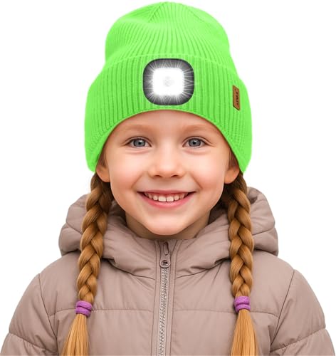 ATNKE Kinder LED Mütze mit Licht, USB Wiederaufladbare 4 LED Beleuchtete Laufmütze Freihändig Stirnlampe Winter Warm Fleece Gefüttert Strick Mütze Geschenke für Jungen und Mädchen/Fluorescent Green von ATNKE