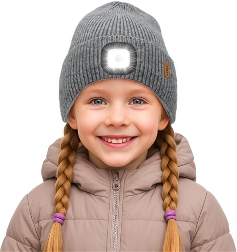 ATNKE Kinder LED Mütze mit Licht, USB Wiederaufladbare 4 LED Beleuchtete Laufmütze Freihändig Stirnlampe Winter Warm Fleece Gefüttert Strick Mütze Geschenke für Jungen und Mädchen/Gray von ATNKE