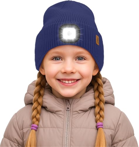 ATNKE Kinder LED Mütze mit Licht, USB Wiederaufladbare 4 LED Beleuchtete Laufmütze Freihändig Stirnlampe Winter Warm Fleece Gefüttert Strick Mütze Geschenke für Jungen und Mädchen/Light Navy Blue von ATNKE