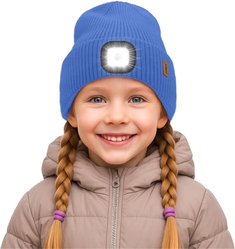 ATNKE Kinder LED Mütze mit Licht, USB Wiederaufladbare 4 LED Beleuchtete Laufmütze Freihändig Stirnlampe Winter Warm Fleece Gefüttert Strick Mütze Geschenke für Jungen und Mädchen/Magnolia Blue von ATNKE