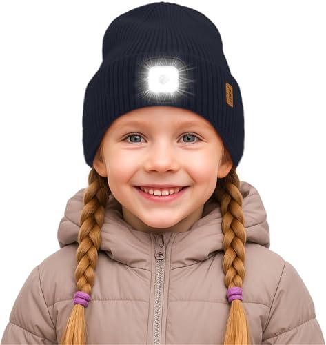 ATNKE Kinder LED Mütze mit Licht, USB Wiederaufladbare 4 LED Beleuchtete Laufmütze Freihändig Stirnlampe Winter Warm Fleece Gefüttert Strick Mütze Geschenke für Jungen und Mädchen/Navy Blue von ATNKE