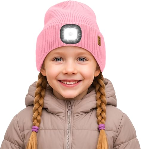 ATNKE Kinder LED Mütze mit Licht, USB Wiederaufladbare 4 LED Beleuchtete Laufmütze Freihändig Stirnlampe Winter Warm Fleece Gefüttert Strick Mütze Geschenke für Jungen und Mädchen/Pink von ATNKE