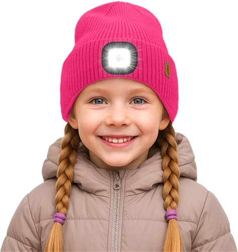 ATNKE Kinder LED Mütze mit Licht, USB Wiederaufladbare 4 LED Beleuchtete Laufmütze Freihändig Stirnlampe Winter Warm Fleece Gefüttert Strick Mütze Geschenke für Jungen und Mädchen/Rose Red von ATNKE