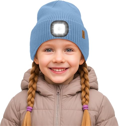 ATNKE Kinder LED Mütze mit Licht, USB Wiederaufladbare 4 LED Beleuchtete Laufmütze Freihändig Stirnlampe Winter Warm Fleece Gefüttert Strick Mütze Geschenke für Jungen und Mädchen/Shadow Blue von ATNKE