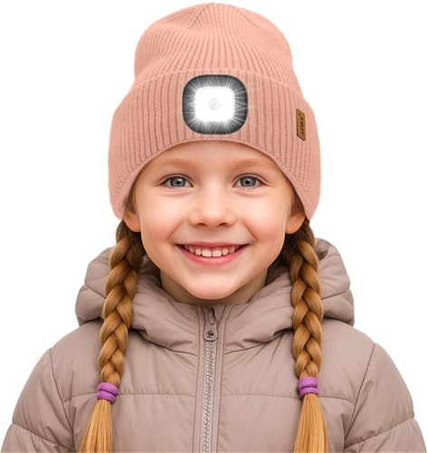ATNKE Kinder LED Mütze mit Licht, USB Wiederaufladbare 4 LED Beleuchtete Laufmütze Freihändig Stirnlampe Winter Warm Fleece Gefüttert Strick Mütze Geschenke für Jungen und Mädchen/Skin Pink von ATNKE
