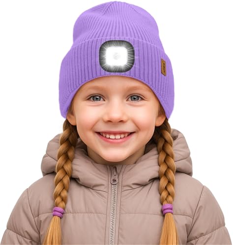 ATNKE Kinder LED Mütze mit Licht, USB Wiederaufladbare 4 LED Beleuchtete Laufmütze Freihändig Stirnlampe Winter Warm Fleece Gefüttert Strick Mütze Geschenke für Jungen und Mädchen/Taro Purple von ATNKE