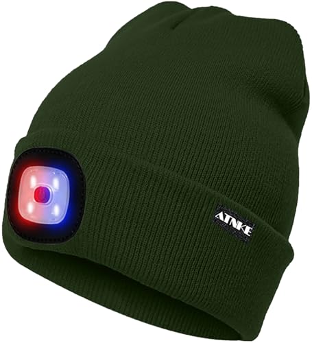 ATNKE LED Beleuchtete Mütze,Wiederaufladbare USB 4 LED Rot und Blau Leuchten Blinkender Laufmütze mit Licht Extrem Heller Lampe Winter Warme für Herren und Damen Geschenke/Dark Army Green von ATNKE