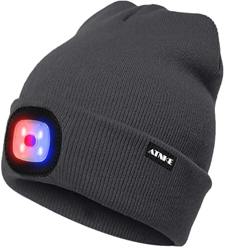 ATNKE LED Beleuchtete Mütze,Wiederaufladbare USB 4 LED Rot und Blau Leuchten Blinkender Laufmütze mit Licht Extrem Heller Lampe Winter Warme für Herren und Damen Geschenke/Gun Gray von ATNKE