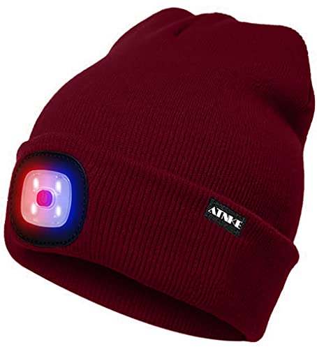 ATNKE LED Beleuchtete Mütze,Wiederaufladbare USB 4 LED Rot und Blau Leuchten Blinkender Laufmütze mit Licht Extrem Heller Lampe Winter Warme für Herren und Damen Geschenke/Wine Red von ATNKE