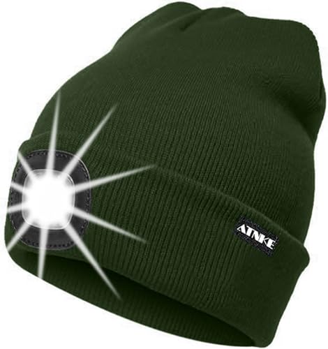 ATNKE LED Beleuchtete Mütze,Wiederaufladbare USB Laufmütze mit Licht Extrem Heller 4 LED Lampe Winter Warme Stirnlampe für Herren und Damen Geschenke/Dark Army Green von ATNKE