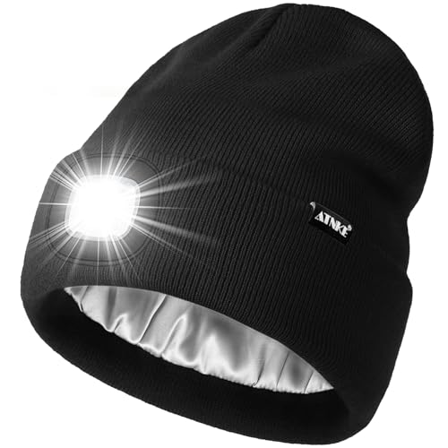 ATNKE LED Beleuchtete Mütze mit Licht,Wiederaufladbare USB 4 LED Beleuchtete Laufmütze Extrem Heller Lampe Winter Warme Satin Seide Gefüttertes Geschenke für Herren und Damen/Black von ATNKE