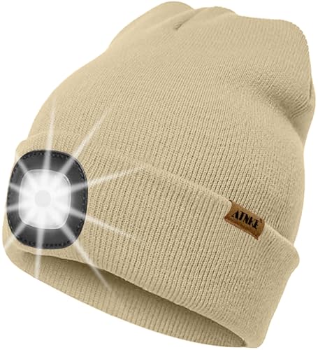 ATNKE LED Beleuchtete Mütze mit Licht,Wiederaufladbare USB 4 LED Beleuchtete Laufmütze Extrem Heller Lampe Winter Warme Stricken Mütze Technik Geschenke für Herren und Damen/Beige von ATNKE