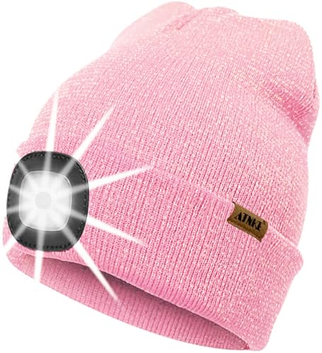 ATNKE LED Beleuchtete Mütze mit Licht,Wiederaufladbare USB 4 LED Beleuchtete Laufmütze Extrem Heller Lampe Winter Warme Stricken Mütze Technik Geschenke für Herren und Damen/Blended Pink Goldwire von ATNKE