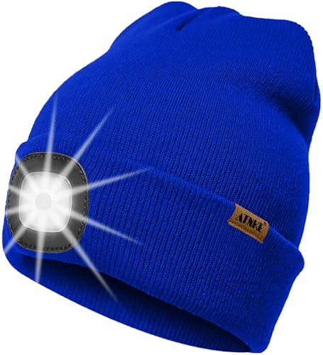 ATNKE LED Beleuchtete Mütze mit Licht,Wiederaufladbare USB 4 LED Beleuchtete Laufmütze Extrem Heller Lampe Winter Warme Stricken Mütze Technik Geschenke für Herren und Damen/Blue von ATNKE