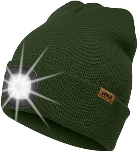 ATNKE LED Beleuchtete Mütze mit Licht,Wiederaufladbare USB 4 LED Beleuchtete Laufmütze Extrem Heller Lampe Winter Warme Stricken Mütze Technik Geschenke für Herren und Damen/Dark Army Green von ATNKE