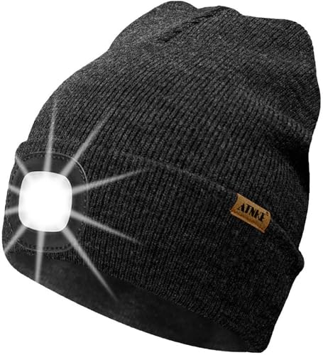 ATNKE LED Beleuchtete Mütze mit Licht,Wiederaufladbare USB 4 LED Beleuchtete Laufmütze Extrem Heller Lampe Winter Warme Stricken Mütze Technik Geschenke für Herren und Damen/Dark Grey von ATNKE