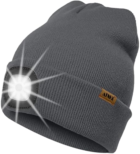 ATNKE LED Beleuchtete Mütze mit Licht,Wiederaufladbare USB 4 LED Beleuchtete Laufmütze Extrem Heller Lampe Winter Warme Stricken Mütze Technik Geschenke für Herren und Damen/Gun Gray von ATNKE