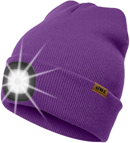 ATNKE LED Beleuchtete Mütze mit Licht,Wiederaufladbare USB 4 LED Beleuchtete Laufmütze Extrem Heller Lampe Winter Warme Stricken Mütze Technik Geschenke für Herren und Damen/Inner Purple von ATNKE