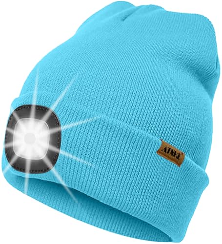 ATNKE LED Beleuchtete Mütze mit Licht,Wiederaufladbare USB 4 LED Beleuchtete Laufmütze Extrem Heller Lampe Winter Warme Stricken Mütze Technik Geschenke für Herren und Damen/Light Blue von ATNKE