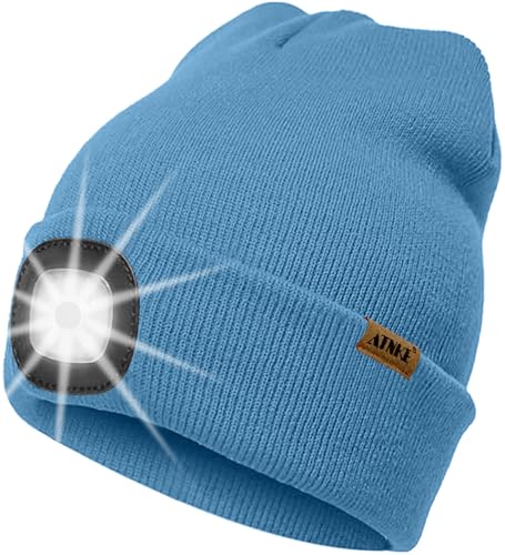 ATNKE LED Beleuchtete Mütze mit Licht,Wiederaufladbare USB 4 LED Beleuchtete Laufmütze Extrem Heller Lampe Winter Warme Stricken Mütze Technik Geschenke für Herren und Damen/Magnolia Blue von ATNKE