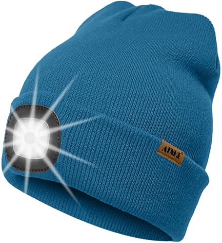 ATNKE LED Beleuchtete Mütze mit Licht,Wiederaufladbare USB 4 LED Beleuchtete Laufmütze Extrem Heller Lampe Winter Warme Stricken Mütze Technik Geschenke für Herren und Damen/Peacock Blue von ATNKE