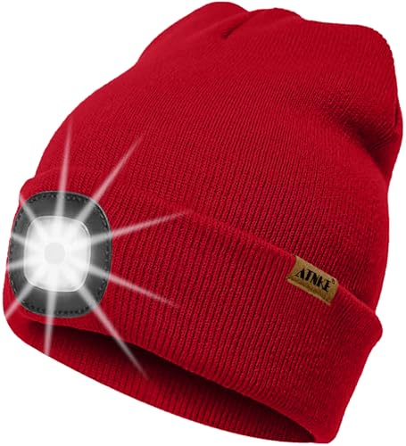 ATNKE LED Beleuchtete Mütze mit Licht,Wiederaufladbare USB 4 LED Beleuchtete Laufmütze Extrem Heller Lampe Winter Warme Stricken Mütze Technik Geschenke für Herren und Damen/Red von ATNKE