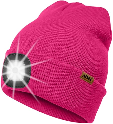 ATNKE LED Beleuchtete Mütze mit Licht,Wiederaufladbare USB 4 LED Beleuchtete Laufmütze Extrem Heller Lampe Winter Warme Stricken Mütze Technik Geschenke für Herren und Damen/Rose Red von ATNKE