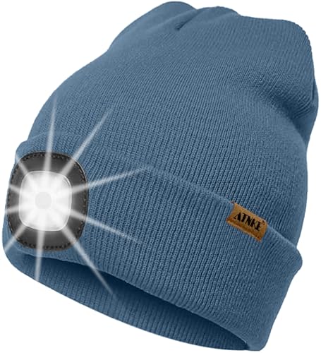 ATNKE LED Beleuchtete Mütze mit Licht,Wiederaufladbare USB 4 LED Beleuchtete Laufmütze Extrem Heller Lampe Winter Warme Stricken Mütze Technik Geschenke für Herren und Damen/Shadow Blue von ATNKE