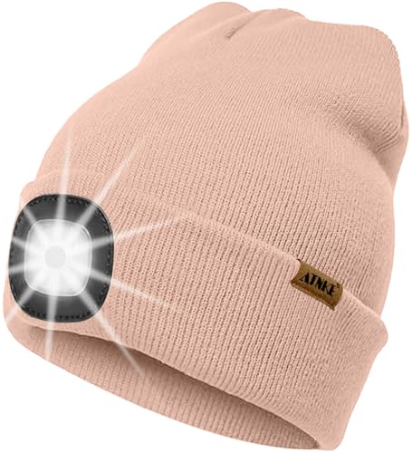 ATNKE LED Beleuchtete Mütze mit Licht,Wiederaufladbare USB 4 LED Beleuchtete Laufmütze Extrem Heller Lampe Winter Warme Stricken Mütze Technik Geschenke für Herren und Damen/Skin Pink von ATNKE