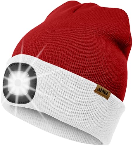 ATNKE LED Beleuchtete Mütze mit Licht,Wiederaufladbare USB 4 LED Beleuchtete Laufmütze Extrem Heller Lampe Winter Warme Stricken Mütze Technik Geschenke für Herren und Damen/White/Red Christmas von ATNKE