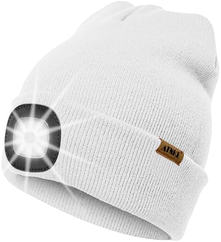 ATNKE LED Beleuchtete Mütze mit Licht,Wiederaufladbare USB 4 LED Beleuchtete Laufmütze Extrem Heller Lampe Winter Warme Stricken Mütze Technik Geschenke für Herren und Damen/White von ATNKE