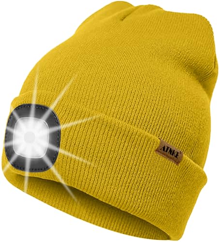 ATNKE LED Beleuchtete Mütze mit Licht,Wiederaufladbare USB 4 LED Beleuchtete Laufmütze Extrem Heller Lampe Winter Warme Stricken Mütze Technik Geschenke für Herren und Damen/Yellow von ATNKE