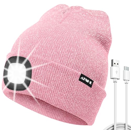 ATNKE LED Mütze mit Licht, USB Typ C Wiederaufladbare 4 LED Beleuchtete Laufmütze Extrem Heller Lampe Winter Warme Stricken Mütze für Herren und Damen Geschenke/Blended Pink Goldwire von ATNKE