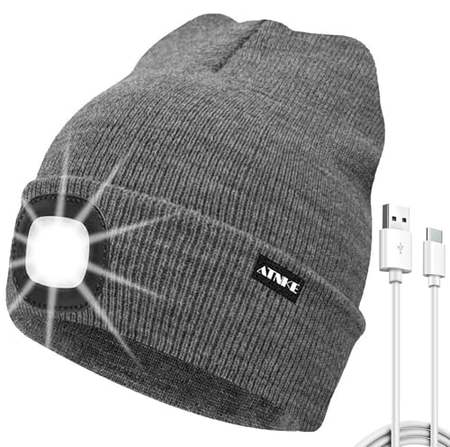 ATNKE LED Mütze mit Licht, USB Typ C Wiederaufladbare 4 LED Beleuchtete Laufmütze Extrem Heller Lampe Winter Warme Stricken Mütze für Herren und Damen Geschenke/Grey von ATNKE