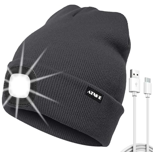 ATNKE LED Mütze mit Licht, USB Typ C Wiederaufladbare 4 LED Beleuchtete Laufmütze Extrem Heller Lampe Winter Warme Stricken Mütze für Herren und Damen Geschenke/Noble Gray von ATNKE