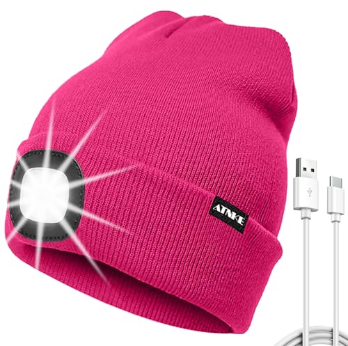 ATNKE LED Mütze mit Licht, USB Typ C Wiederaufladbare 4 LED Beleuchtete Laufmütze Extrem Heller Lampe Winter Warme Stricken Mütze für Herren und Damen Geschenke/Rose Red von ATNKE