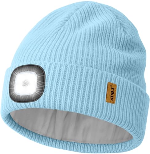 ATNKE LED Mütze mit Licht, USB Wiederaufladbare 4 LED Beleuchtete Laufmütze Freihändig Stirnlampe Winter Warm Strick Mütze mit Fleece Gefüttert Geschenke für Herren Väter und Damen/Light Blue von ATNKE