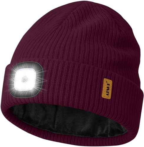 ATNKE LED Mütze mit Licht, USB Wiederaufladbare 4 LED Beleuchtete Laufmütze Freihändig Stirnlampe Winter Warm Strick Mütze mit Fleece Gefüttert Geschenke für Herren Väter und Damen/Wine Red von ATNKE