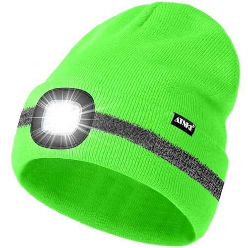 ATNKE LED Mütze mit Licht, Wiederaufladbare USB 4 LED Beleuchtete Laufmütze Extrem Heller Lampe Winter Warme Stricken Mütze mit Reflektierendem Streifen für Herren und Damen Geschenke/FluoresceGreen von ATNKE