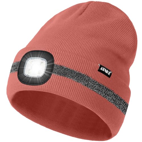 ATNKE LED Mütze mit Licht, Wiederaufladbare USB 4 LED Beleuchtete Laufmütze Extrem Heller Lampe Winter Warme Stricken Mütze mit Reflektierendem Streifen für Herren und Damen Geschenke/BeanPastePowder von ATNKE